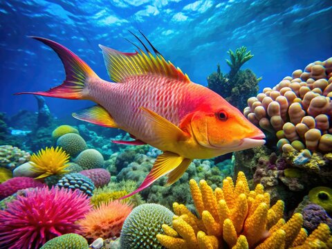 As the hogfish swims, the coral reef comes alive with a kaleidoscope of colors, a school of blue tang darting past and a sea turtle lazily munching seaweed.