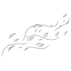 Doodle air wind and flying autumn leaves in hurricane blow or windy storm, line vector. Leaves, fall season in blowing motion with spiral windy twirls