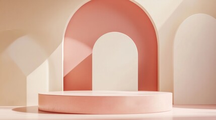 Minimalist pink and cream arches with a pedestal for product display.