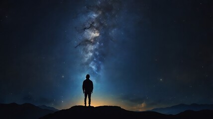Fototapeta premium A starry night sky with a silhouette of a person gazin