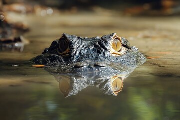 Obraz premium A close-up view of a crocodile emerging from the water, showcasing its stunning eyes and reflections in the serene surroundings.
