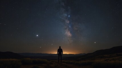 Fototapeta premium A starry night sky with a silhouette of a person gazin