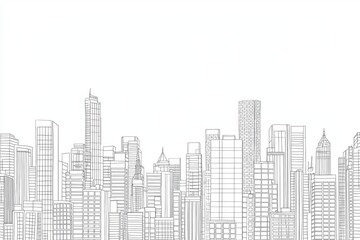 A minimalist black and white illustration of a modern city skyline with various skyscrapers and architectural designs.
