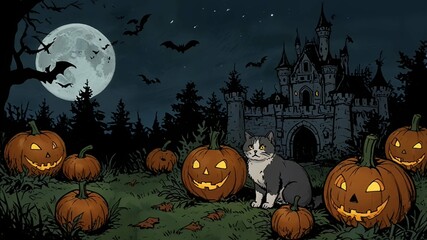 Fototapeta premium halloween backgrounds night with bright moon haunted house/castle with pumpkins and dark silhouettes ,bats and cats 