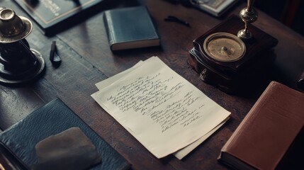 A cozy workspace featuring old books, a handwritten note, a vintage watch, and a warm lamp, creating a nostalgic and inviting atmosphere.