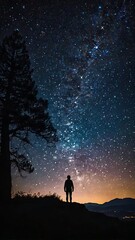Fototapeta premium A starry night sky with a silhouette of a person gazin