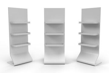 Supermarket Promotional Display Rack With Header, Three Tier Empty Product Display, PDQ Display Box With Three Different View, Floor Stand Display. 3D Rendered.