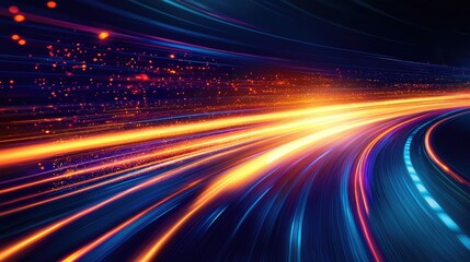 Obraz premium Colorful light trails on a dark background, showcasing speed and motion.