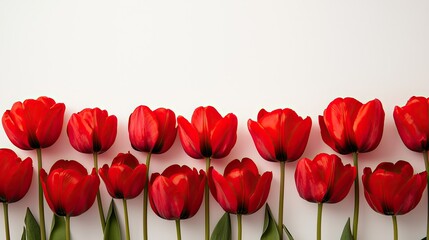 Fototapeta premium Row of vibrant red tulips against a white background.