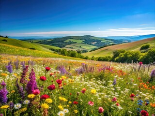 A tranquil scene with colorful wildflowers flourishes beneath a bright blue sky, complemented by gently undulating hills that evoke a sense of serene beauty.