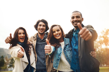 Happy, thumbs up and portrait of friends in nature for bonding, social gathering and event outdoors. Hand gesture, park and men and women with yes, like and emoji on vacation, weekend and holiday