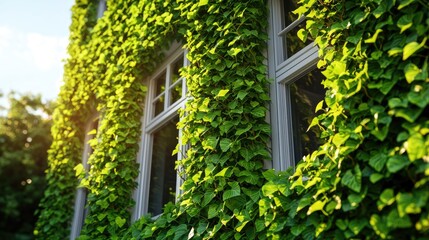 Vibrant green ivy covering an architectural facade with sunlight shining through.