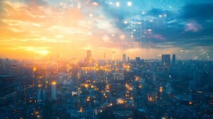 Fototapeta premium A futuristic cityscape illuminated by golden sunset light, enhanced by abstract digital overlays, symbolizing technology, urbanization, and connectivity.
