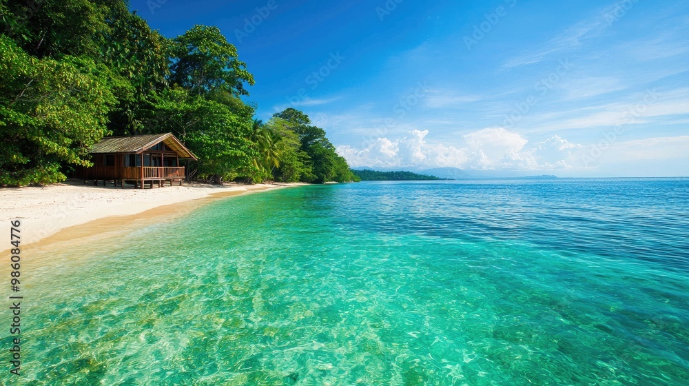 Wall mural tropical beach with clear water and lush green trees under bright blue sky.