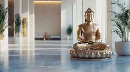 A golden Buddha statue with an intricate design, positioned in a modern, minimalist interior with a clean, white backdrop. 