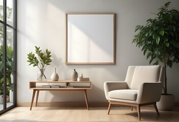 A modern living room with a large empty frame on the wall, a wooden console table, a beige armchair, and a potted plant.