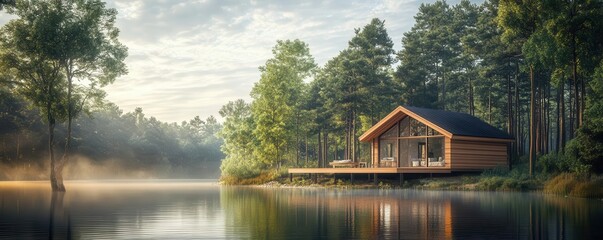 Fototapeta premium Secluded cabin on a lake with lush trees and a misty morning atmosphere.