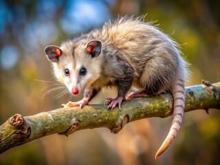 A Virginia opossum's scaly tail wraps snugly around a weathered brown branch, its soft gray fur blending seamlessly with the earthy texture of the surroundings.
