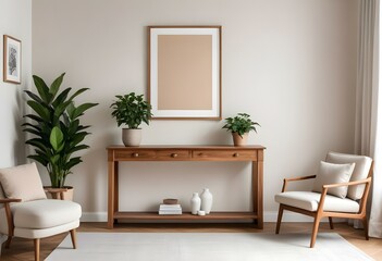 A modern living room with a large empty frame on the wall, a wooden console table, a beige armchair, and a potted plant.