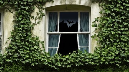 A mysterious window draped in ivy reveals a dark, eerie night with bats flying over a haunted castle under a full moon, creating a spooky atmosphere