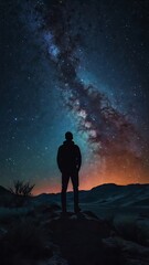 Fototapeta premium A starry night sky with a silhouette of a person gazin