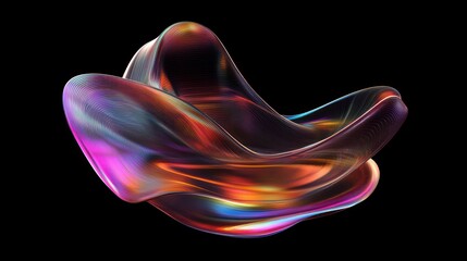 Fototapeta premium Abstract iridescent 3D shape with lines on black background.