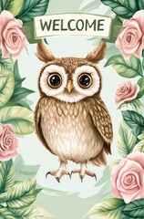 Obraz premium A cute owl standing in the garden, a big text that says 