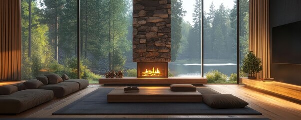 Modern living room with fireplace and large windows overlooking a forest