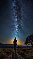 Obraz premium A starry night sky with a silhouette of a person gazin