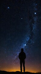 A starry night sky with a silhouette of a person gazin