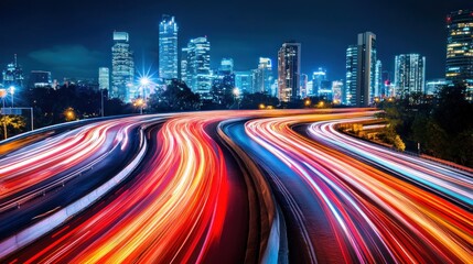 Fototapeta premium Cityscape at night with a highway and light trails from cars.