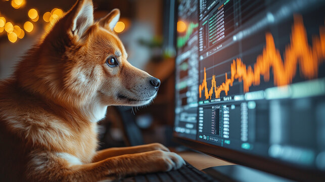Shiba inu looking at Cryptocurrency charts, Dogecoin, bitcoin and Crypto investments, Doge, trending coins concept 
