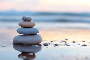 Stacked Stones on Beach with Sea in Background, AI generated illustration