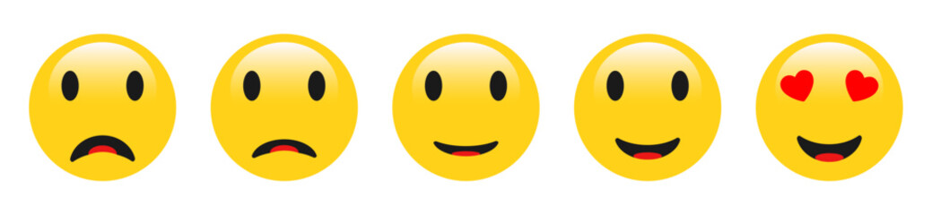 rating emoji set in yellow, emoji icons, emoji, emoji in heart in yellow colour, feedback emoticons collection, very happy, happy, bad and very bad emoji, sad and very sad emoji, emoticon, emotion, ha