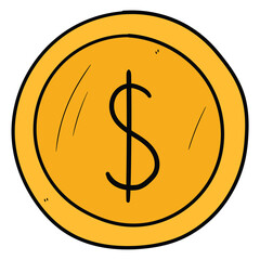 Hand drawn cartoon coin dollar on a white background.