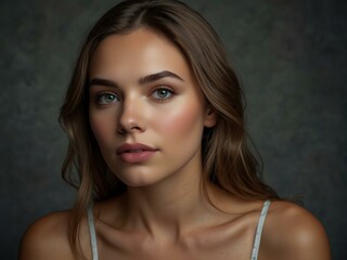Woman's beauty portrait highlighting clean skin, hair, and makeup in a studio setting.