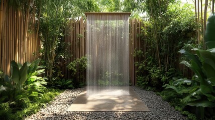 Outdoor shower with a waterfall design surrounded by lush greenery.