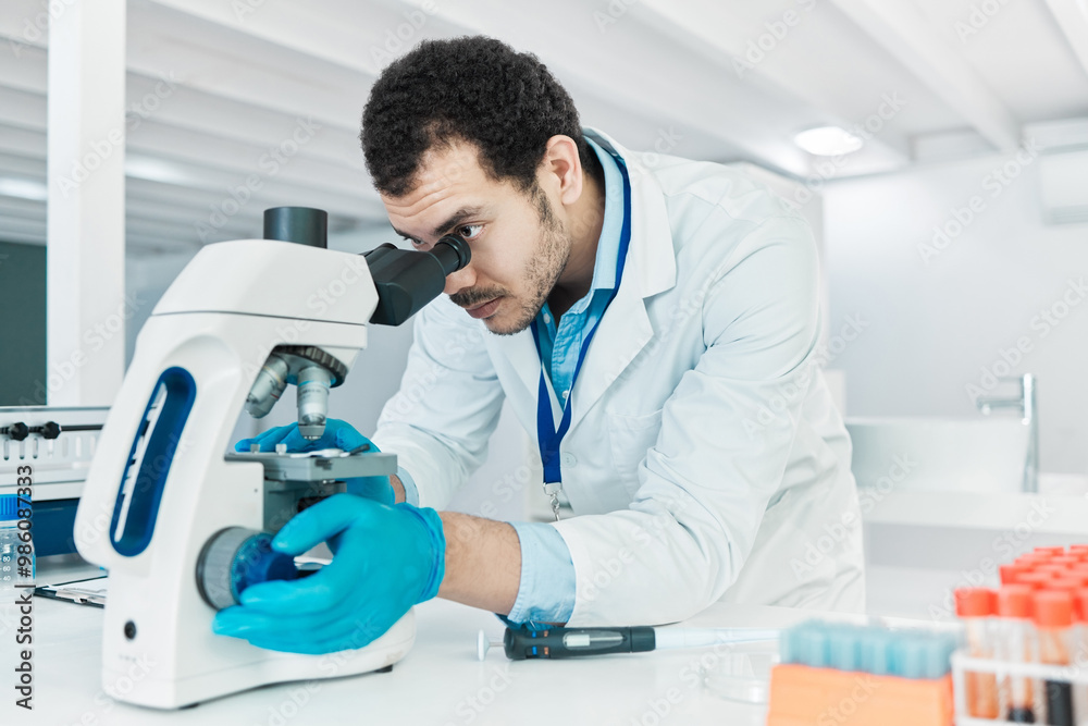 Poster Laboratory, scientist or man with microscope for research, checking and analysis for science study. Healthcare, male doctor and investigation with biotechnology for dna test, review and observation