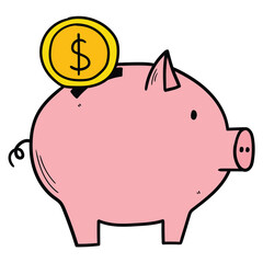 Hand drawn cartoon piggy bank on white background.