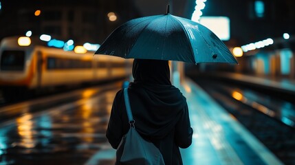 Obraz premium Muslim Woman with Hijab Holding Umbrella at Train Station After Rain, AI generated illustration