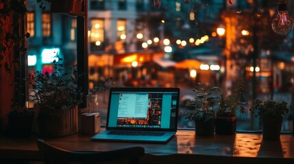 Fototapeta premium A laptop is spread out on the window of a coffee shop at night.