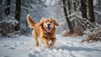 Golden retriever running on snow-covered ground