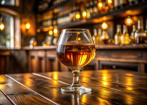 Clear glass schooner holds amber liquid, cradled on the table's rustic surface amidst the warm glow of candles and animated chatter in the pub.
