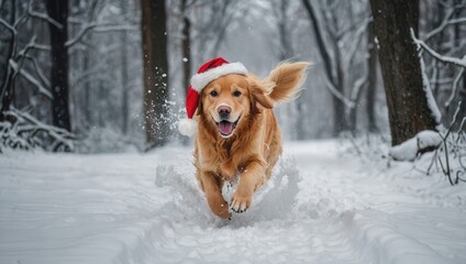Playful golden retriever with Santa hat running in snow