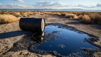 Oil barrel toppled with black oil cascading, symbolizing the turmoil of an oil crisis and its impact on the environment and economy.