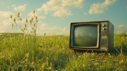 Old Retro TV in a Summer Field with Bright Light Colors, AI generated illustration