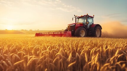 Obraz premium A red tractor harvesting a golden wheat field during sunset, showcasing modern farming machinery in a rural agricultural landscape.