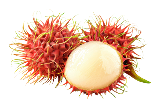 Fresh rambutan fruit reveals its striking red, spiky rind alongside the translucent white flesh, emphasizing this tropical delicacy's unique appearance and taste.