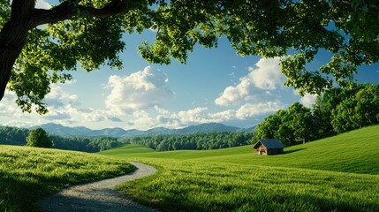 Obraz premium Scenic view of green hills, a winding path, and a cozy cabin under a blue sky.