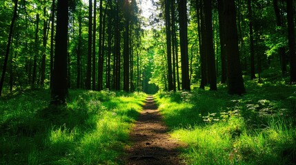 Obraz premium Sunlit forest path through tall, green trees and lush grass.